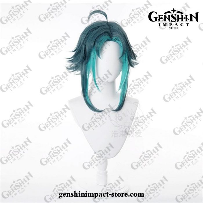 Genshin Impact Xiao Wig Mixed Dark Green Blue Short Cosplay