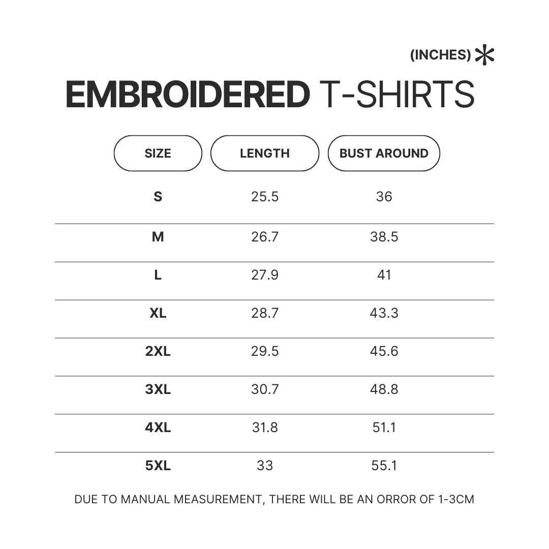 Embroidered T shirt Size Chart - Genshin Impact Store